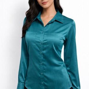 George Teal Satin Button Down Shirt